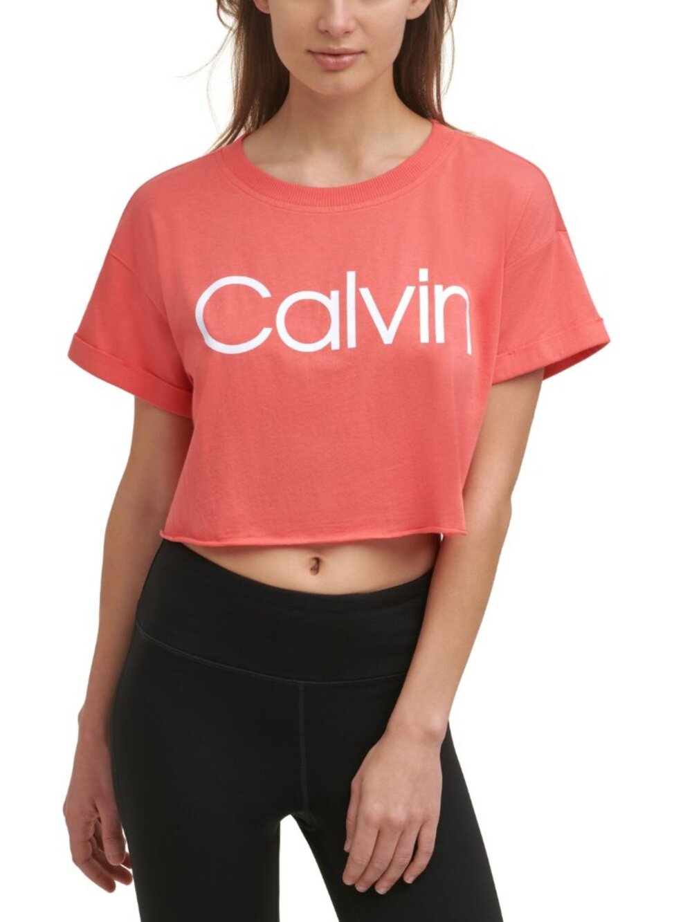 Calvin Klein Womens Performance Cropped Raw Hem Logo T-Shirt